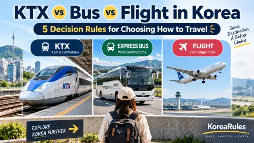 Traveler in Korea comparing KTX high-speed train, express bus, and domestic flight options for traveling between Korean cities.