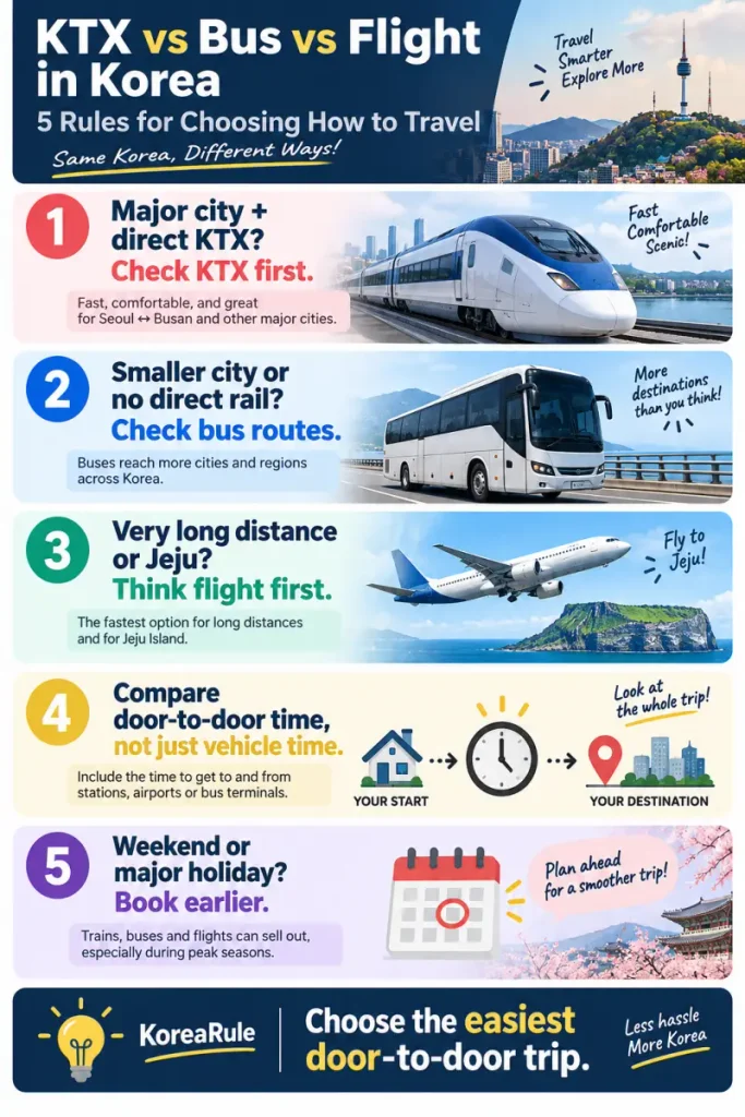 Mobile infographic showing five rules for choosing between KTX, long-distance bus, and domestic flights when traveling around Korea.