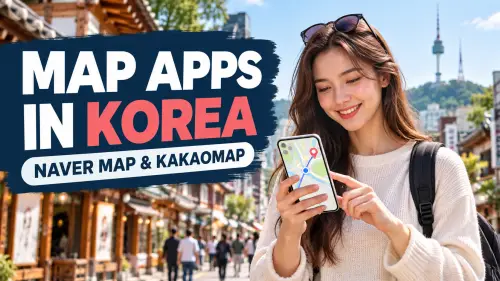 Traveler using a smartphone map in Seoul, introducing NAVER Map and KakaoMap for navigation in South Korea.
