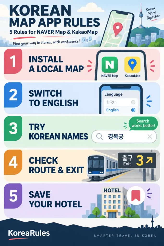 Vertical infographic showing five Korean map app rules: install a local map, switch to English, search Korean names, check routes and exits, and save your hotel.