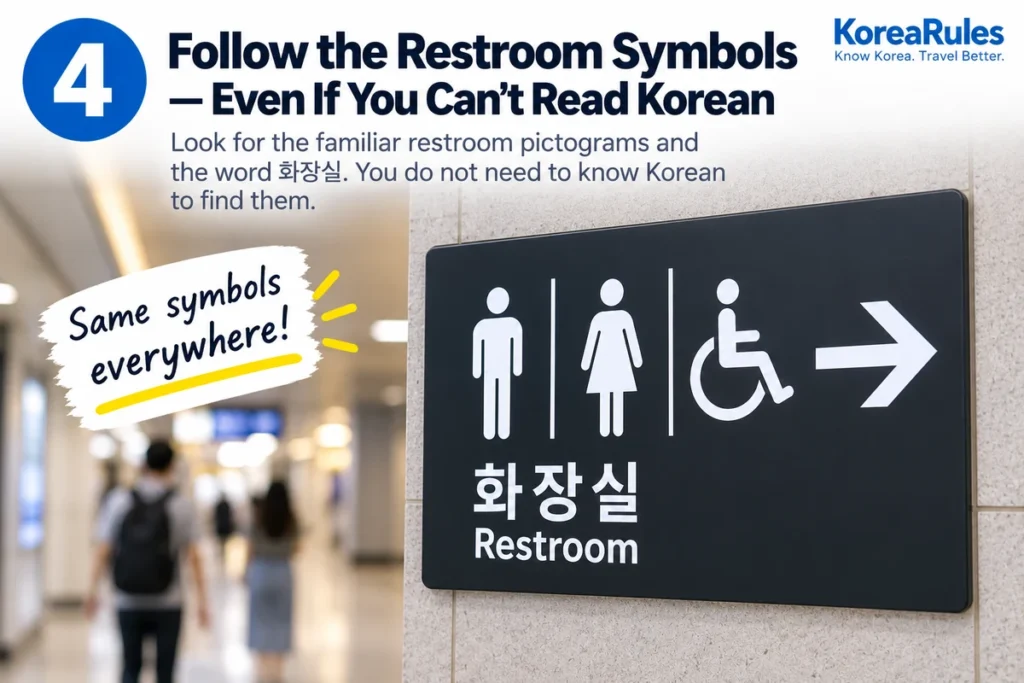 Korean restroom sign with male female and accessible symbols