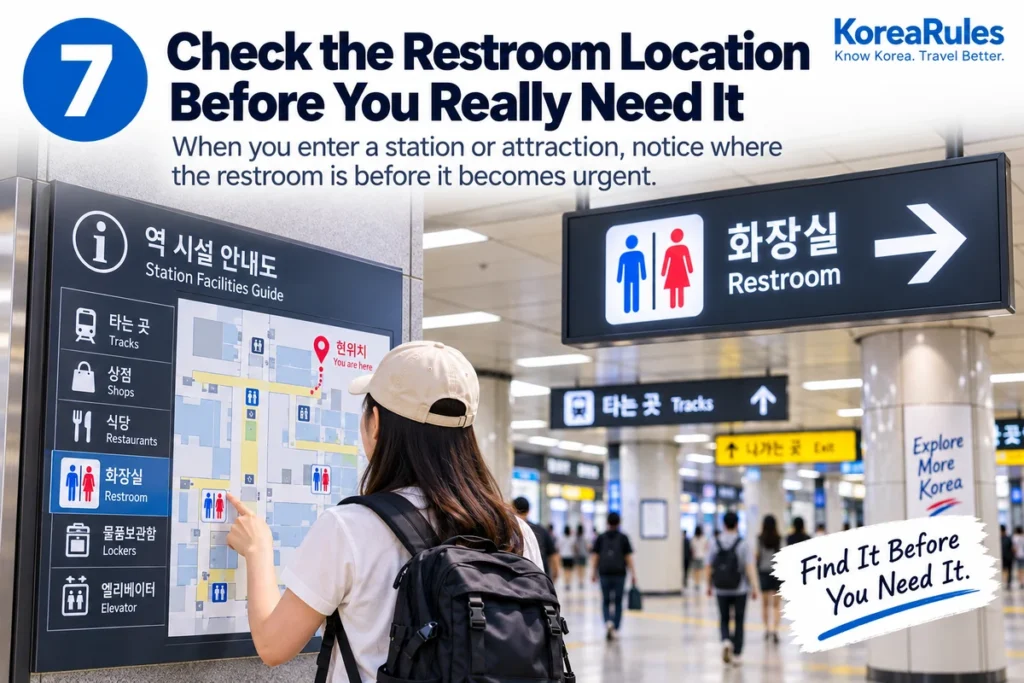 Traveler checking a restroom location inside a Korean subway station