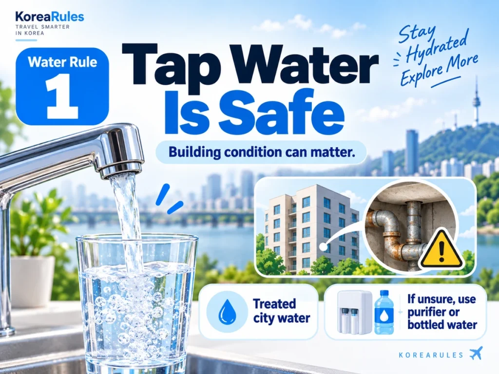 Tap water flowing into a glass in Seoul Korea