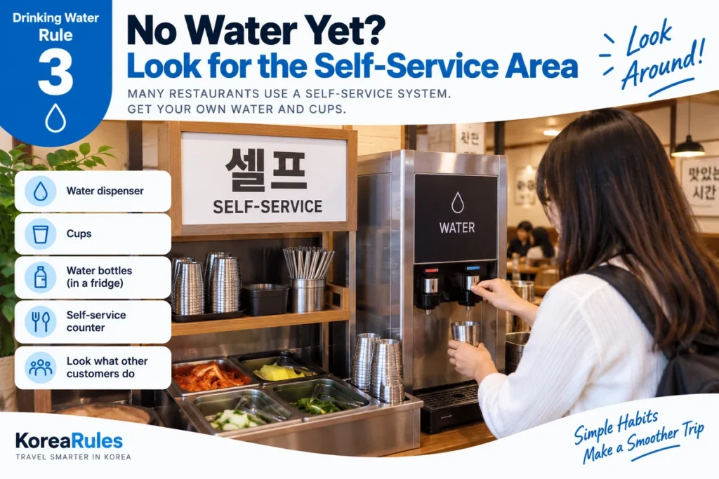Self-service water dispenser area in a Korean restaurant