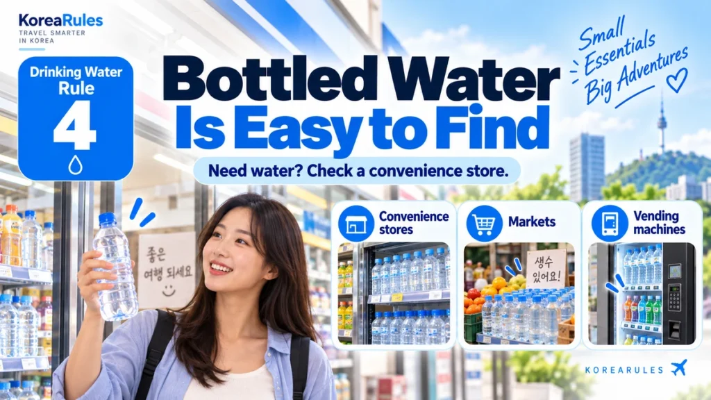 Traveler buying bottled water at a convenience store in Korea