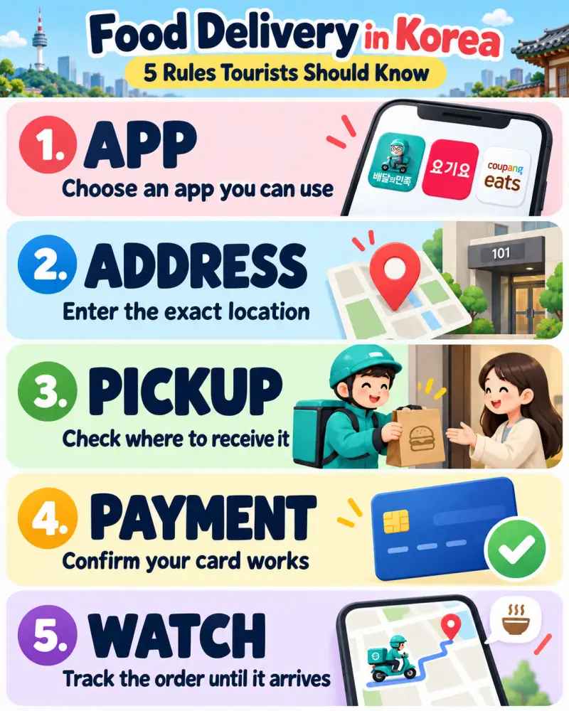 Vertical infographic showing five Korean food delivery rules for tourists: choose a usable app, enter the exact address, check pickup location, confirm payment, and watch the delivery status.