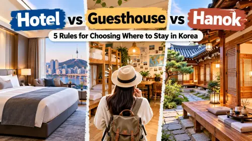 Traveler comparing a modern hotel, a shared guesthouse, and a traditional Korean hanok to choose accommodation in Korea.