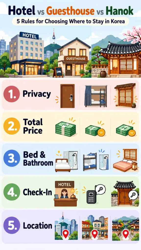 Infographic showing five rules for choosing between hotels, guesthouses, and hanok stays in Korea: privacy, total price, bed and bathroom, check-in, and location.