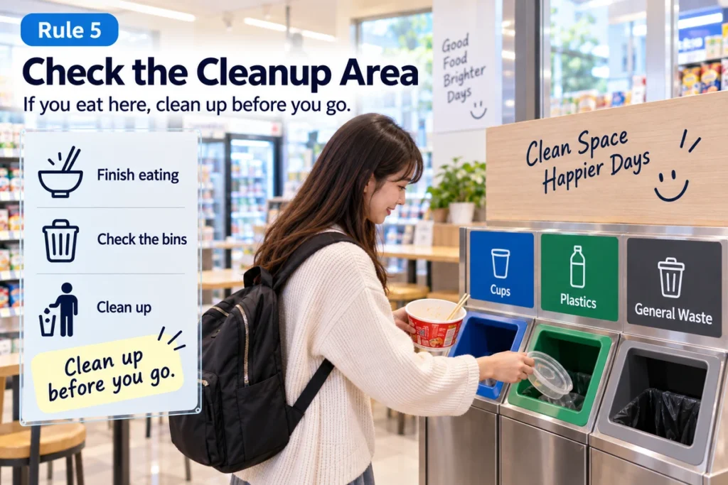 Cleaning up and sorting waste after eating at a Korean convenience store