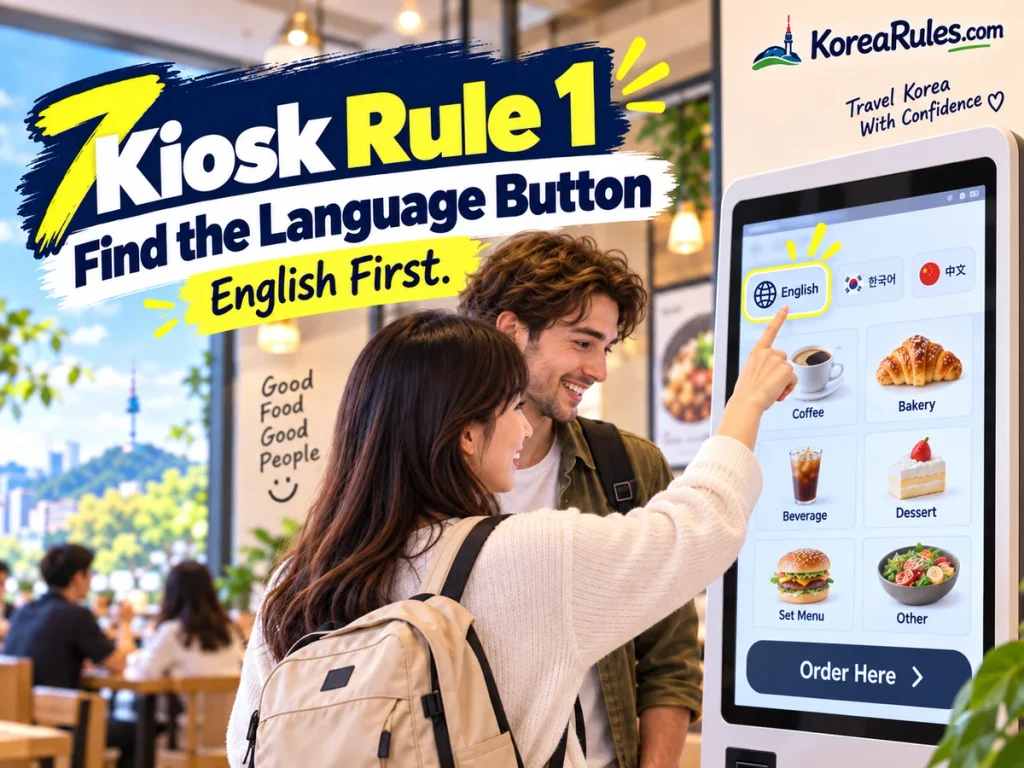 Traveler selecting the English language option on a Korean self-service kiosk