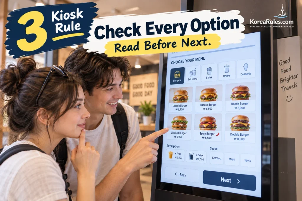 Travelers checking food and drink options carefully before continuing on a Korean kiosk