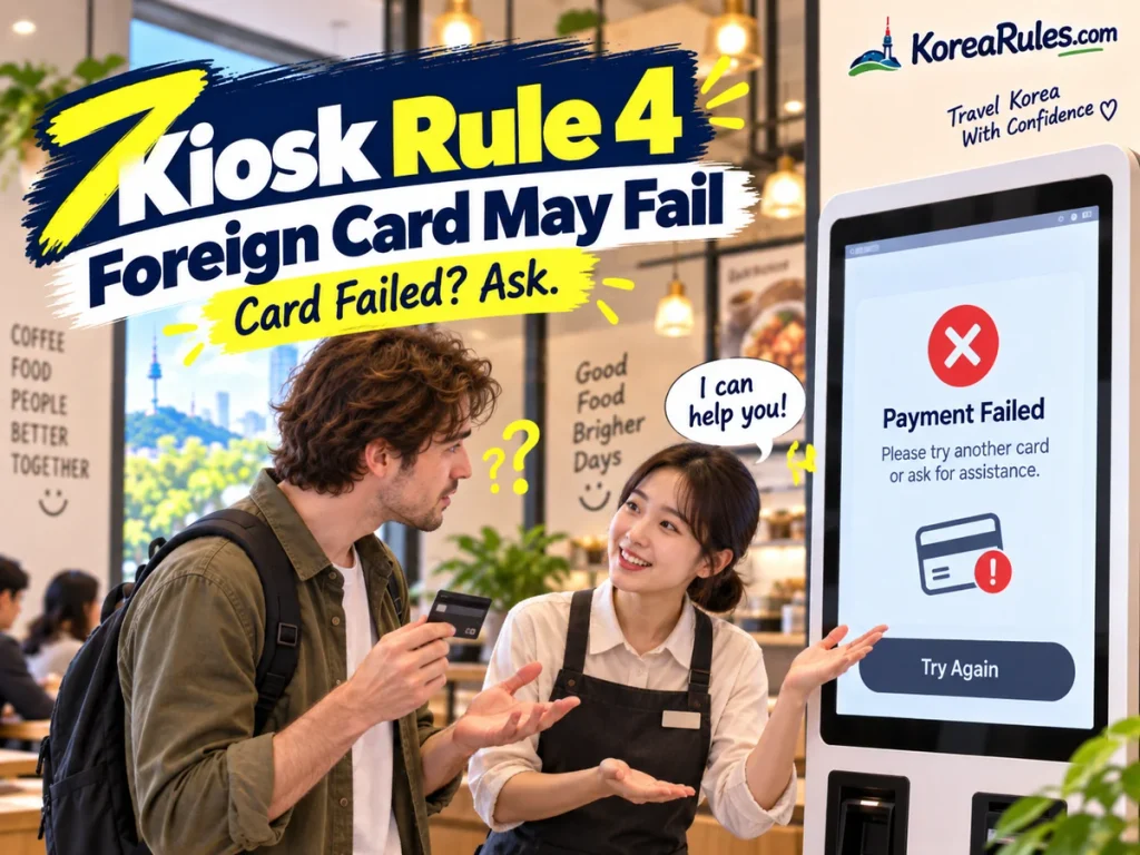 Traveler asking staff for help after a foreign card payment fails at a Korean kiosk