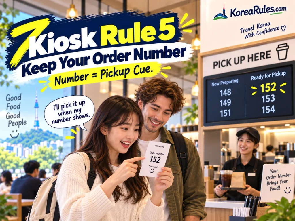 Traveler checking an order number on a receipt and pickup screen in a Korean cafe