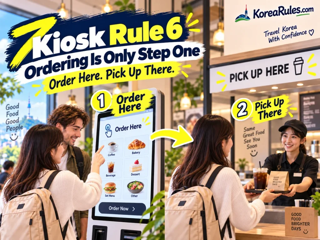 Traveler ordering at a kiosk and collecting food separately at a pickup counter