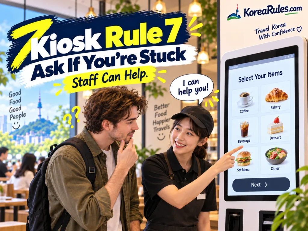 Cafe staff helping a traveler who is having difficulty using a Korean kiosk