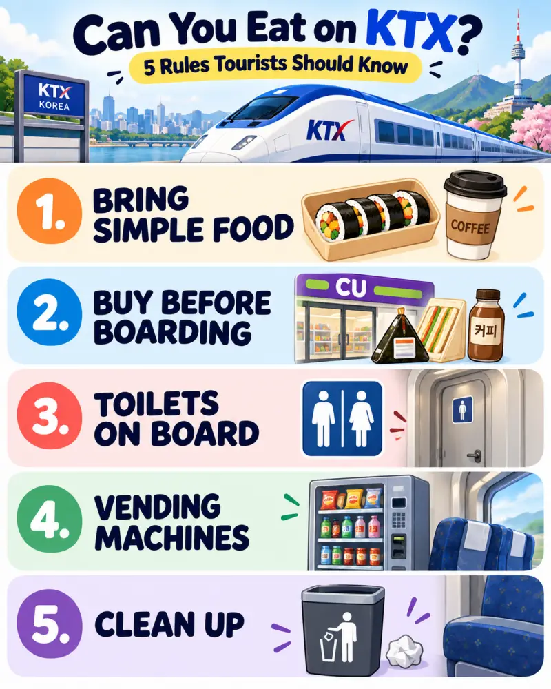 Vertical infographic showing five KTX travel rules: bring simple food, buy food before boarding, use onboard toilets, check vending machines, and clean up.