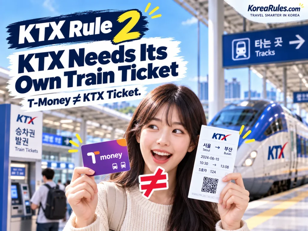 Traveler comparing a T-Money card with a separate KTX train ticket