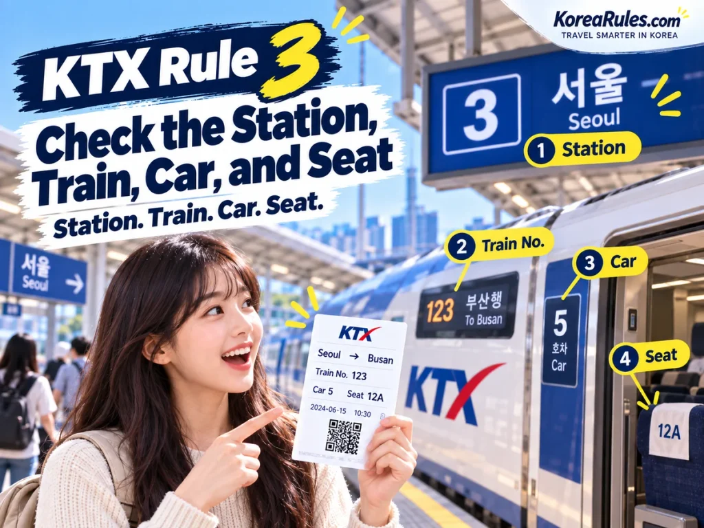 KTX ticket showing the station, train number, car, and seat information