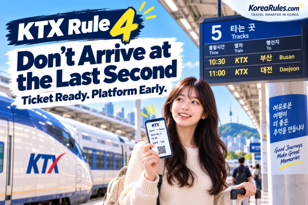 Traveler arriving early at a KTX platform with a ticket ready before departure