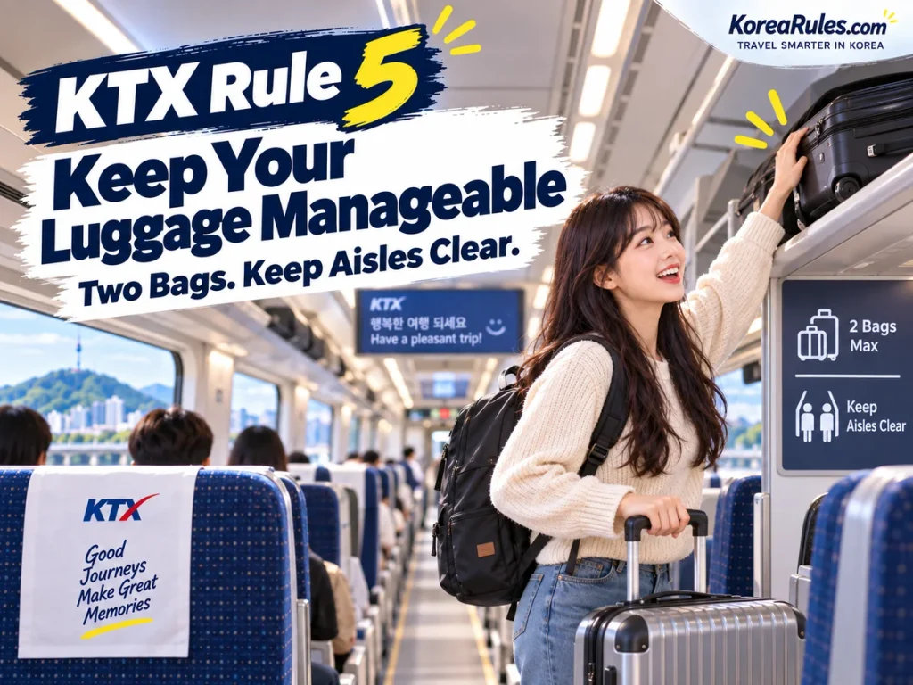 Traveler storing luggage on a KTX while keeping the aisle clear