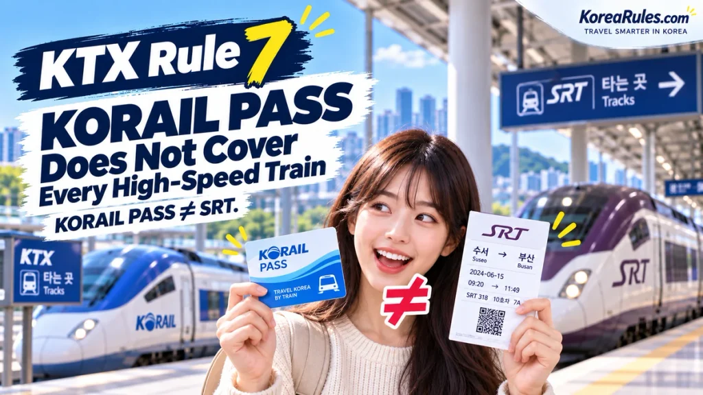 Traveler comparing a KORAIL Pass with an SRT ticket that is not covered by the pass