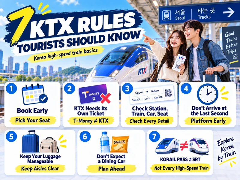 Overview of seven KTX rules for tourists covering tickets, boarding, luggage, food, and KORAIL Pass