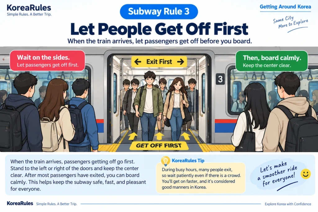 Passengers exiting a Korean subway train before others board