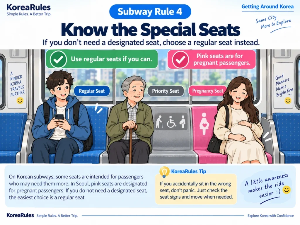 Regular priority and pregnancy seats on a Korean subway