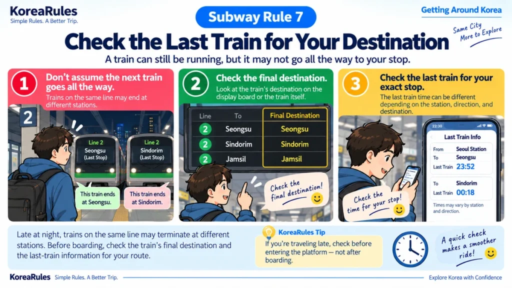 Traveler checking the final destination and last train on the Korean subway