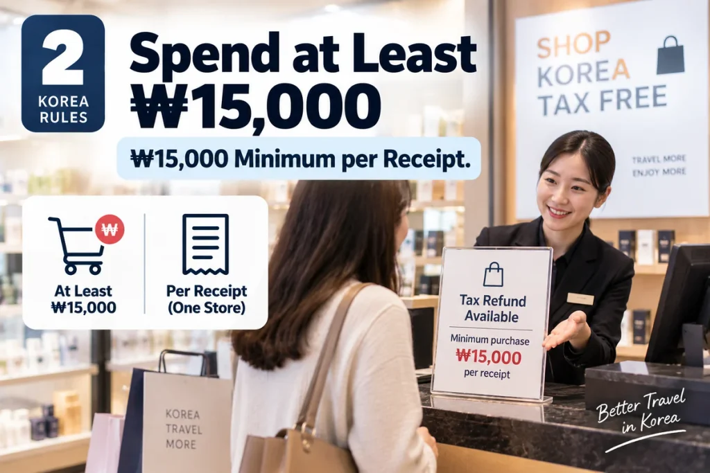 Traveler making a purchase of at least 15,000 won per receipt for a Korea tax refund
