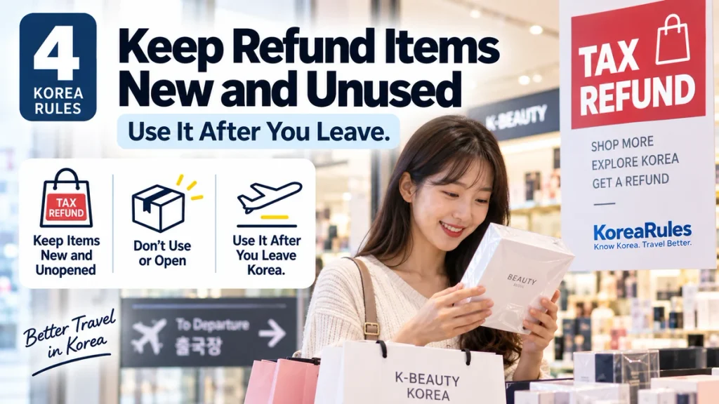Traveler keeping tax refund purchases new and unused before leaving Korea