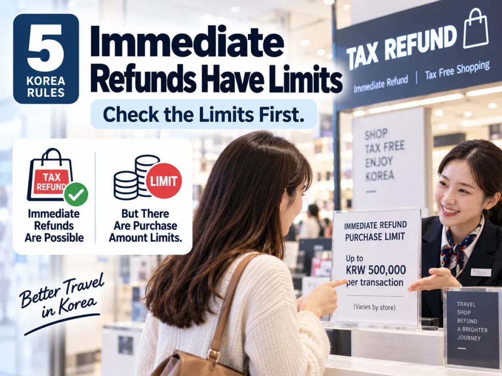Traveler checking the purchase limits for an immediate tax refund in Korea