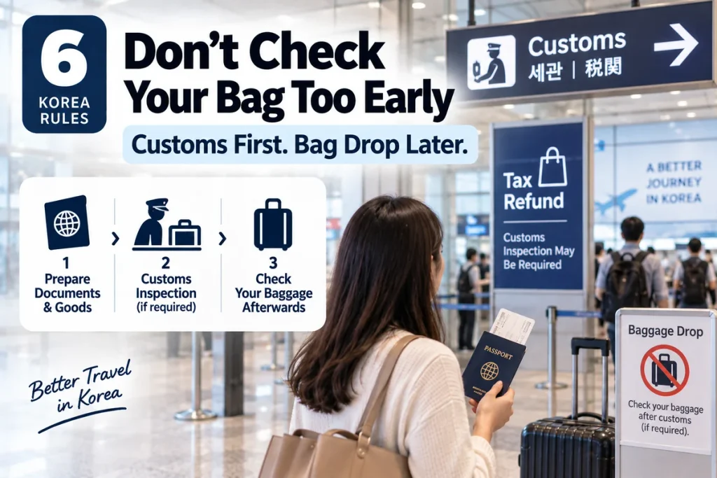 Traveler completing customs procedures before checking tax refund goods in airport baggage