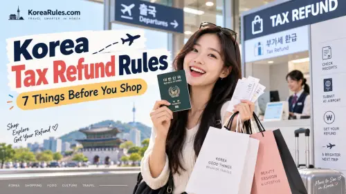 Traveler shopping in Korea with a passport and receipts for a guide to seven tax refund rules
