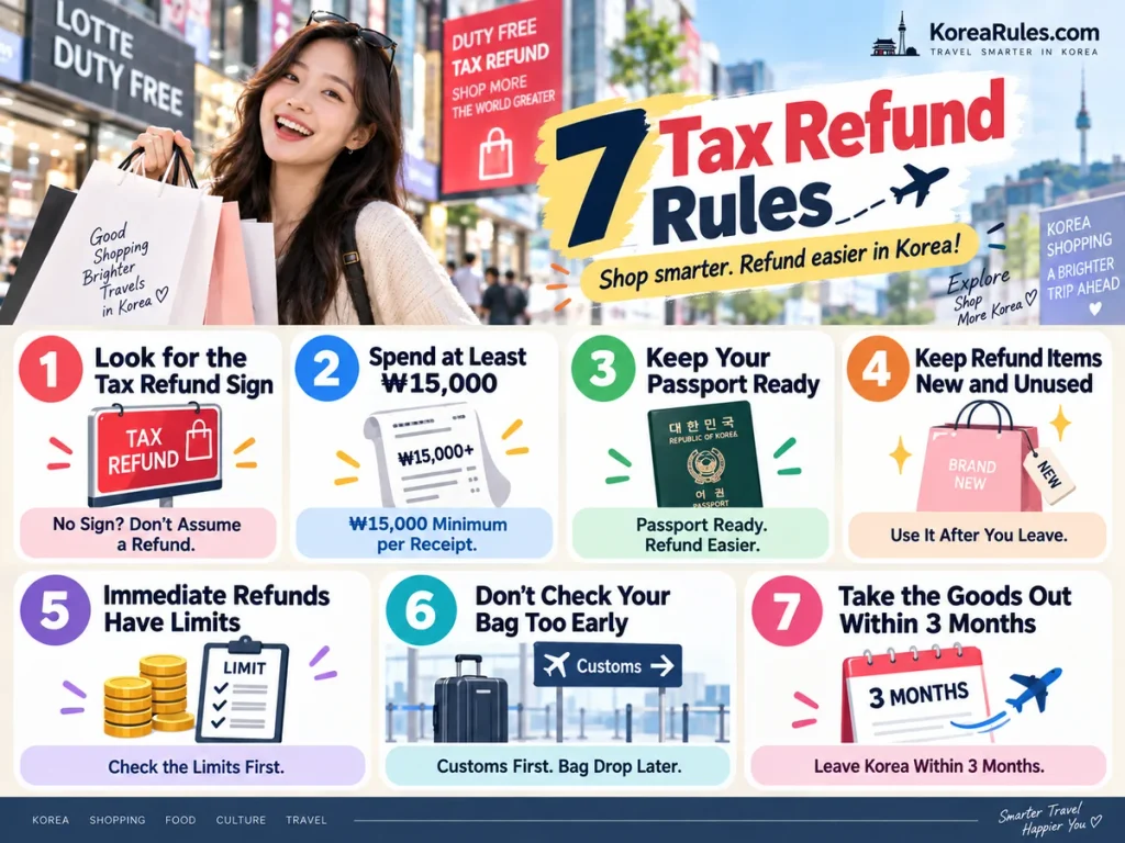 Overview of seven Korea tax refund rules covering eligible stores, minimum purchase, passport, unused goods, refund limits, customs, and departure
