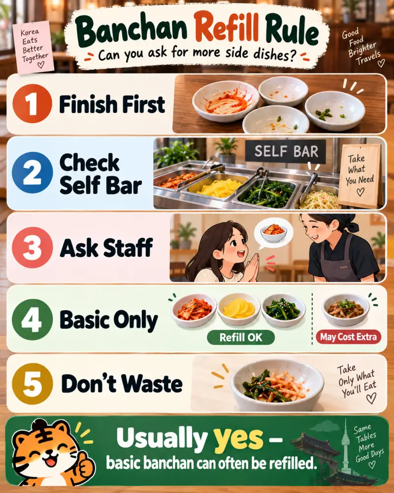 Infographic explaining Korean banchan refill rules, including checking the self-service bar, asking staff, and avoiding food waste.