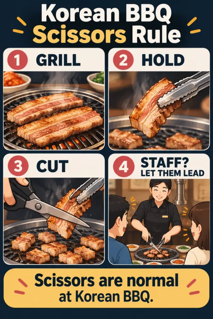 Mobile infographic showing Korean BBQ scissors etiquette: grill the meat, hold it with tongs, cut it into bite-sized pieces, and let staff lead when they cook for you.