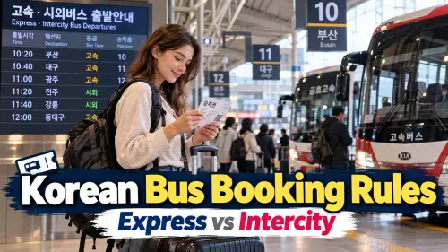 Traveler checking a long-distance bus ticket at a Korean bus terminal before boarding an express or intercity bus.