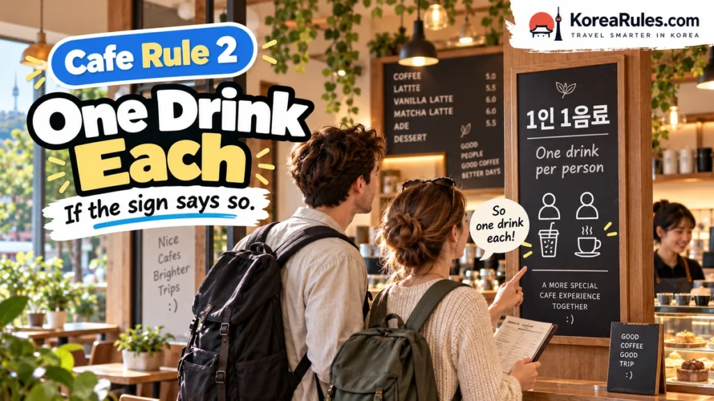 One drink per person rule displayed at a Korean cafe