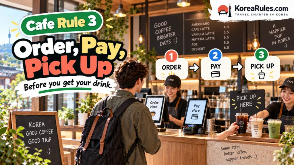 Order pay and pick up process at a Korean cafe