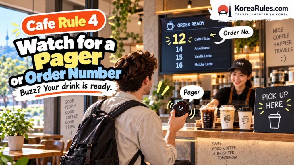 Customer watching a pager or order number for a drink at a Korean cafe