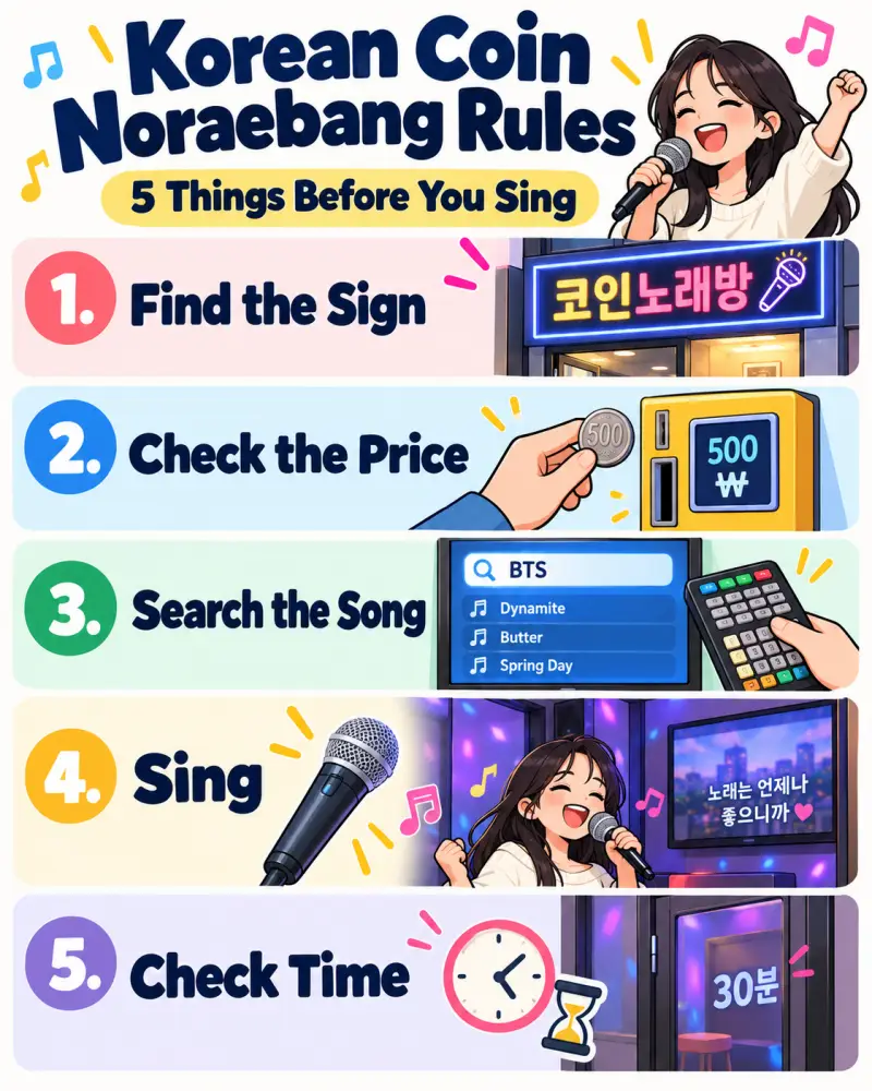 Vertical infographic showing five Korean coin noraebang rules: find the sign, check the price, search for a song, sing, and check your remaining time.