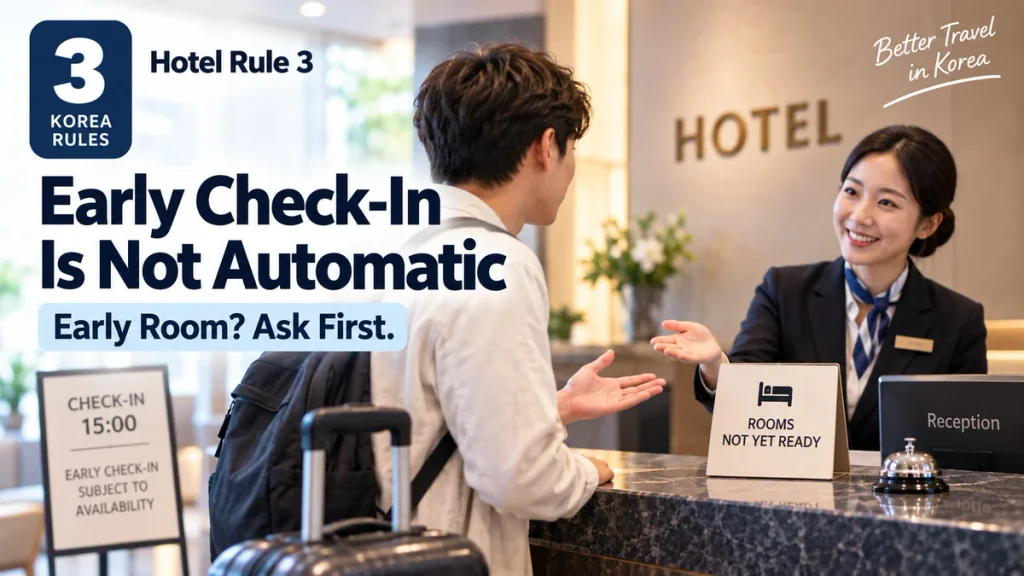 Traveler asking hotel staff about early check-in before the room is ready
