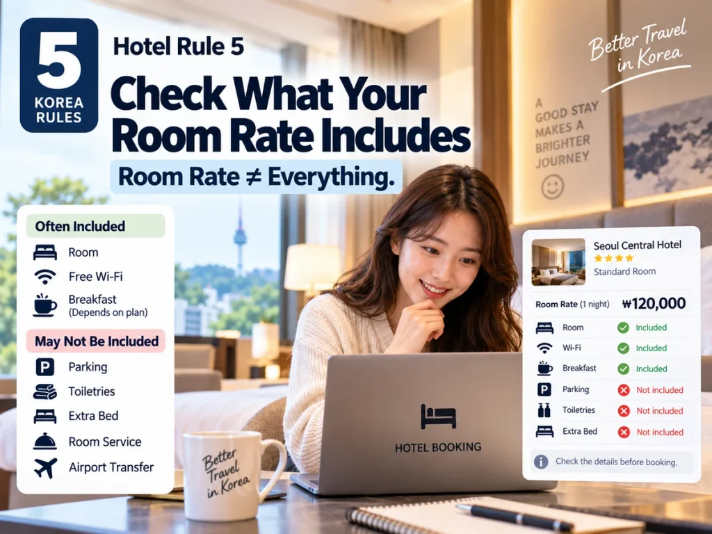 Traveler checking what is included in a Korean hotel room rate before booking