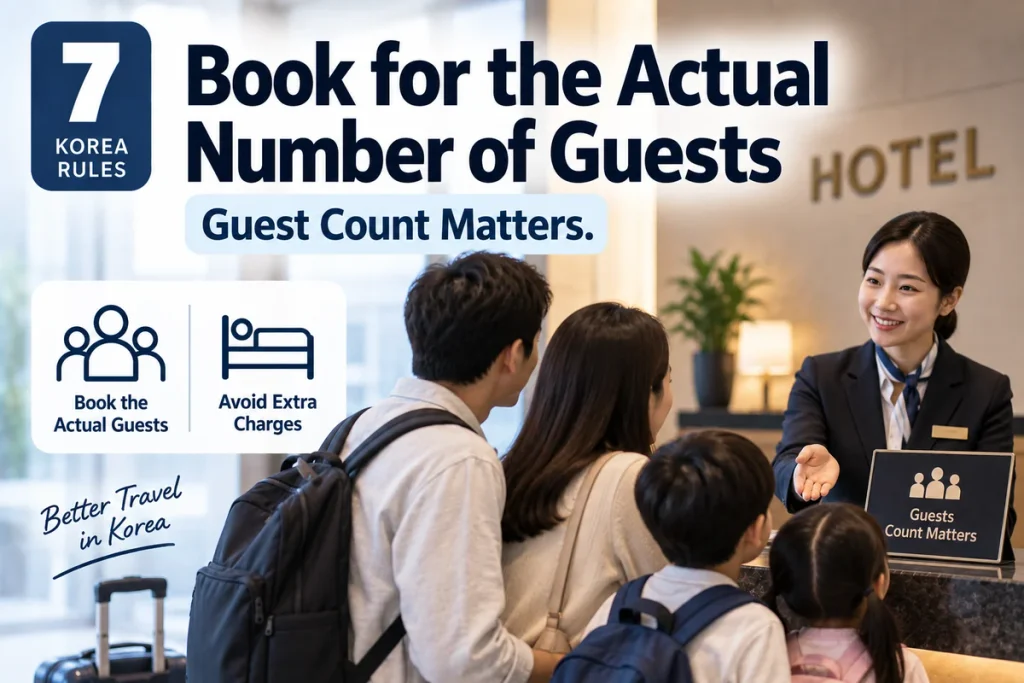 Family checking in at a Korean hotel after booking for the correct number of guests