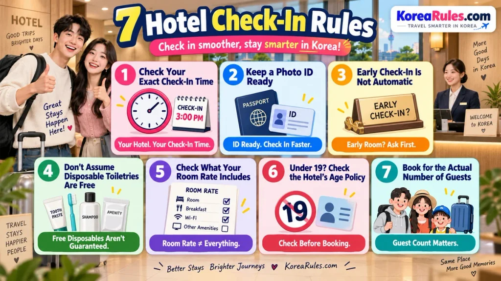 Overview of seven Korean hotel check-in rules covering check-in time, ID, early arrival, toiletries, room rates, age policy, and guest count