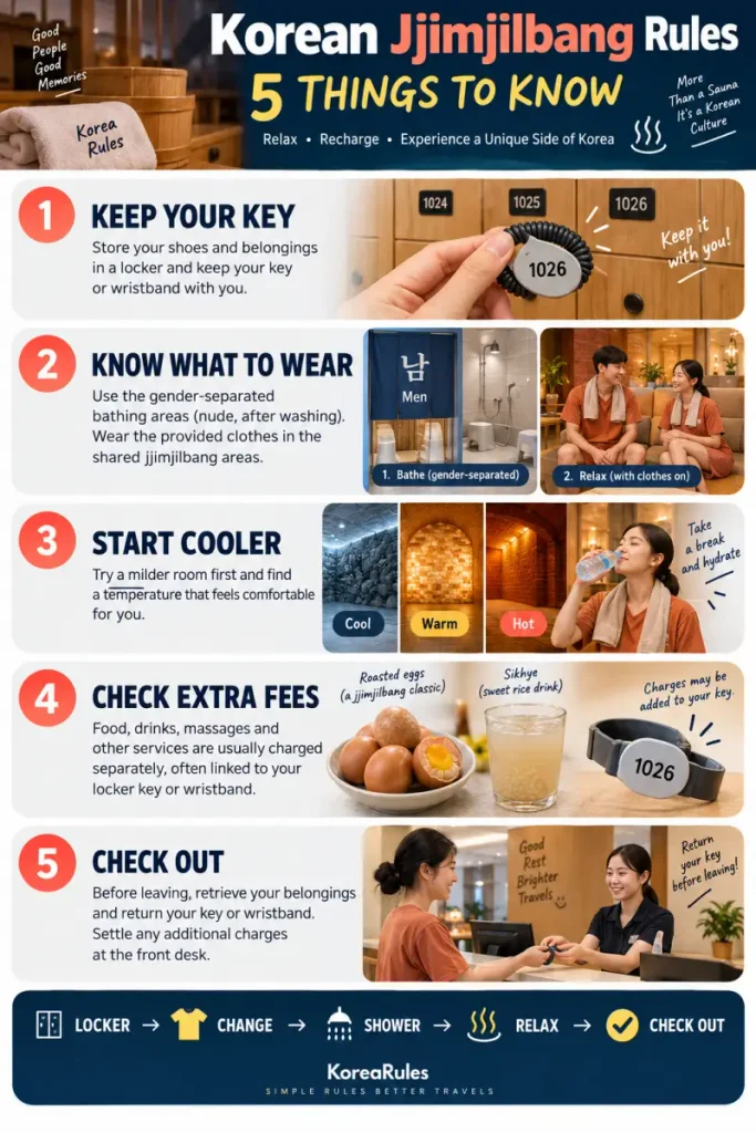 Infographic showing five Korean jjimjilbang rules: keep your locker key, know what to wear, start cooler, check extra fees, and check out properly.