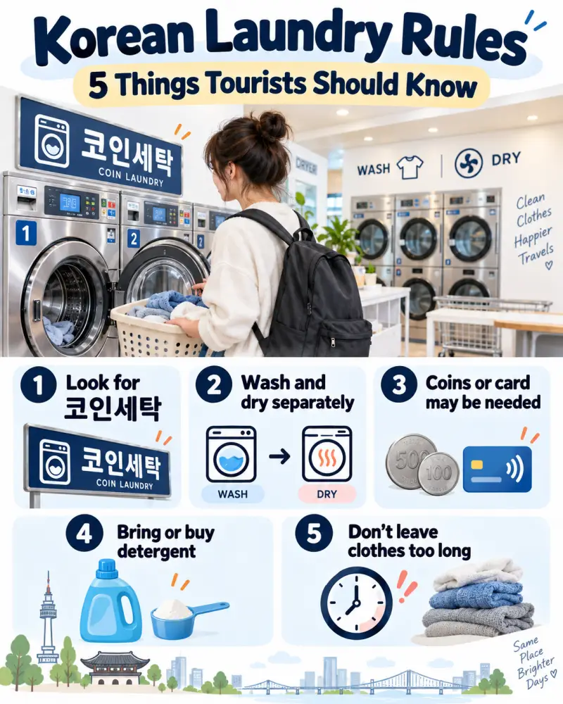 Vertical infographic showing five Korean laundry rules: find a coin laundry, check payment, check detergent, wash and dry separately, and pick up clothes on time.