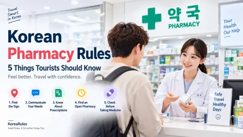 Traveler visiting a Korean pharmacy and speaking with a pharmacist about medication and pharmacy services.