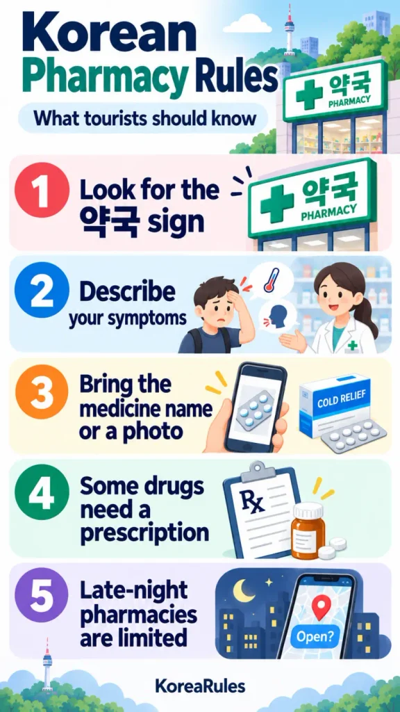 Infographic showing five Korean pharmacy rules for tourists, including finding a pharmacy, using translation apps, checking prescriptions, finding late-night services, and confirming medication instructions.